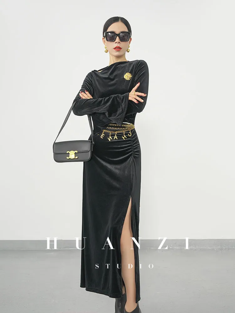 Huanzi new elegant slanted collar acetate velvet waist slit dress mid-length female- Eli