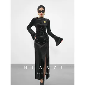 Huanzi new elegant slanted collar acetate velvet waist slit dress mid-length female- Eli