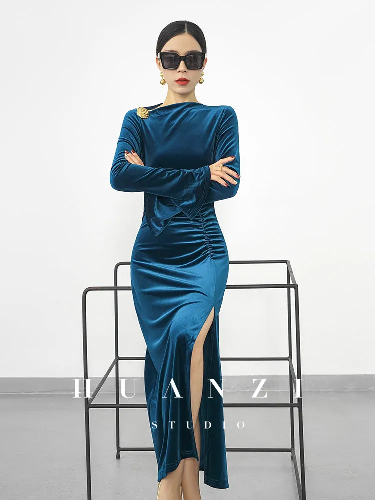 Huanzi new elegant slanted collar acetate velvet waist slit dress mid-length female- Eli