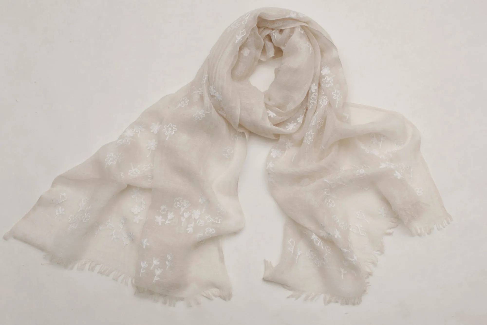 Ivory Floral Silk Linen Cashmere Scarf