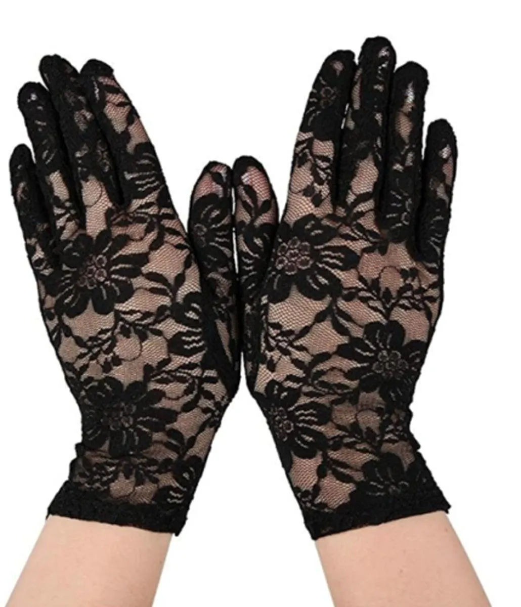 Ladies Black Short Lace Gloves Prom Evening Wedding Bridal 80s Fancy Dress Party Gloves