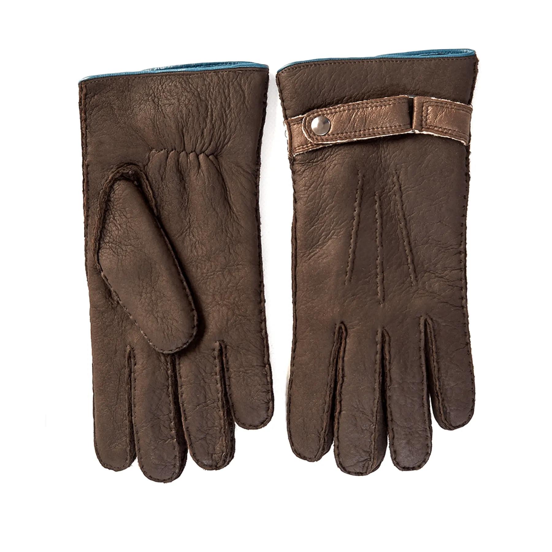 Men's curly lambskin gloves in brown color with metallic lambskin strap details