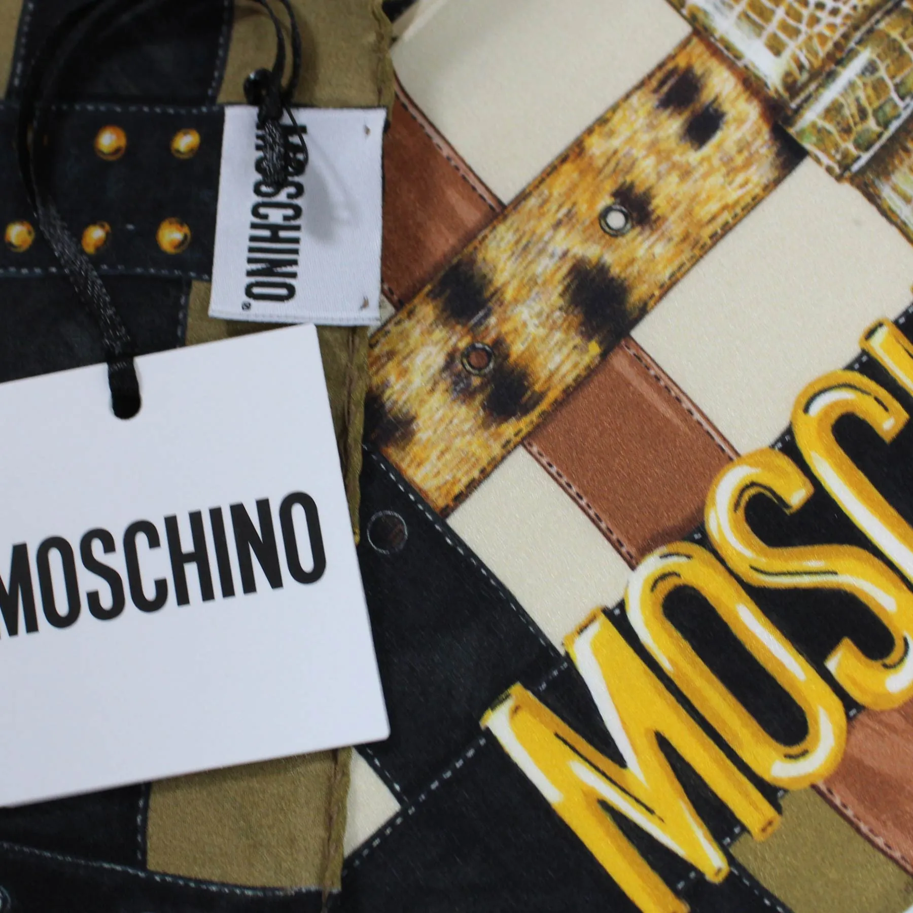 Moschino Small Scarf Brown Olive Belts With Gold MOSCHINO Design - Crepe Silk