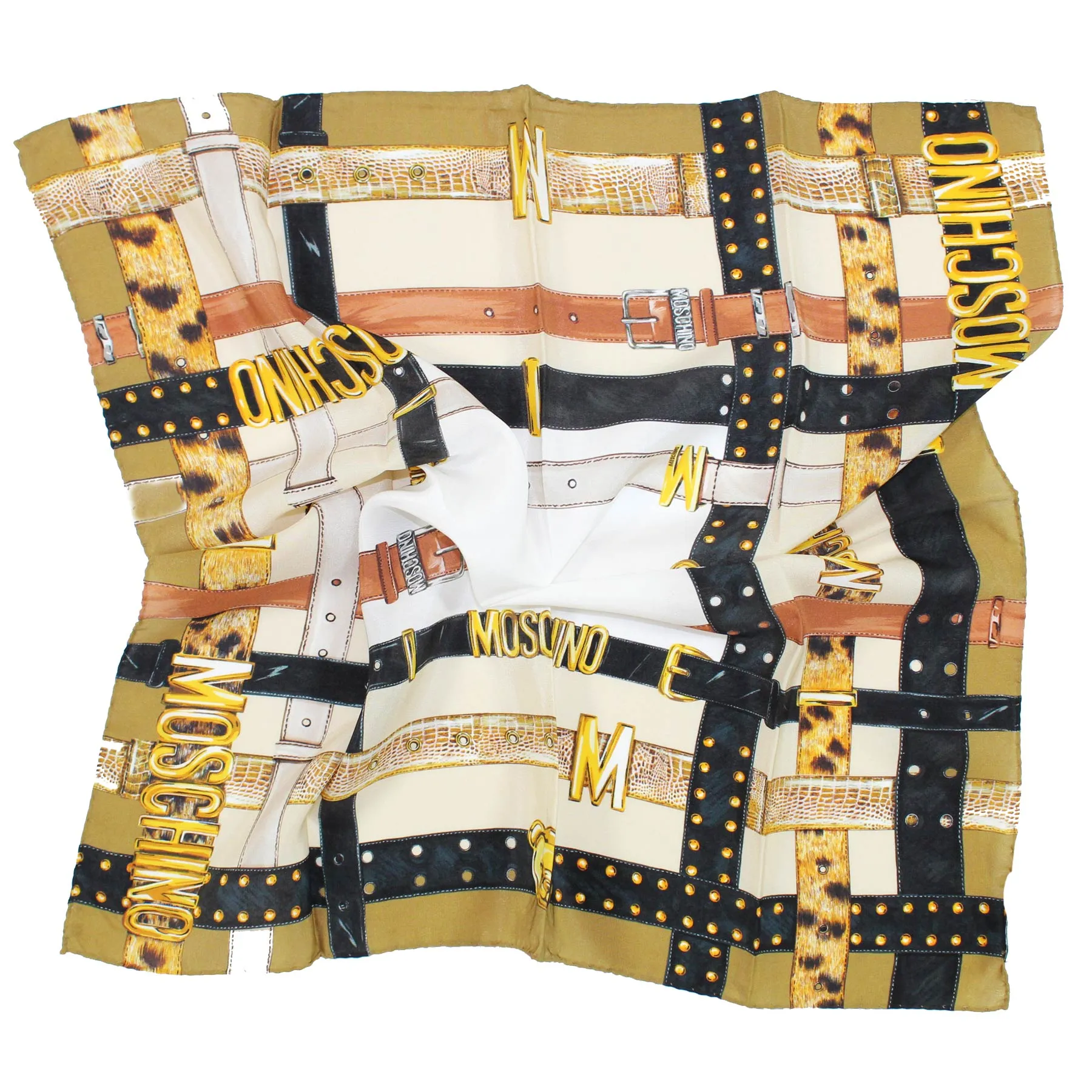 Moschino Small Scarf Brown Olive Belts With Gold MOSCHINO Design - Crepe Silk