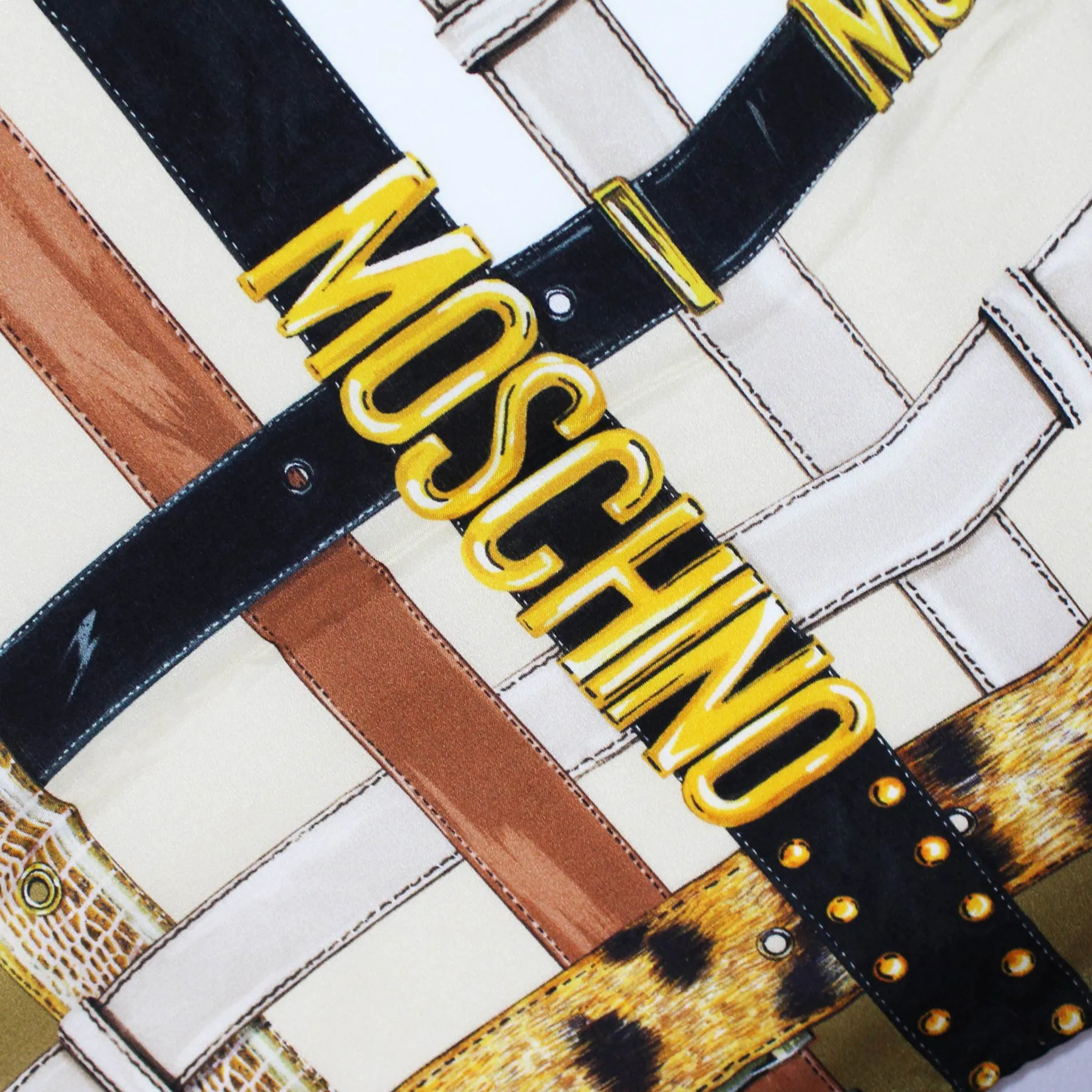 Moschino Small Scarf Brown Olive Belts With Gold MOSCHINO Design - Crepe Silk