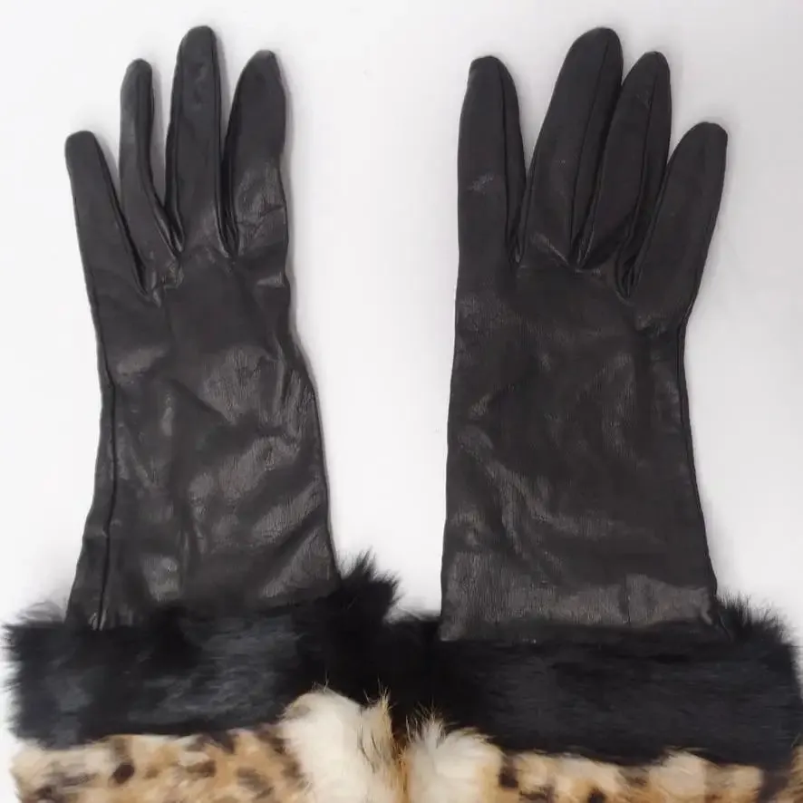 Neiman Marcus Black Leather Leopard Fur Gloves