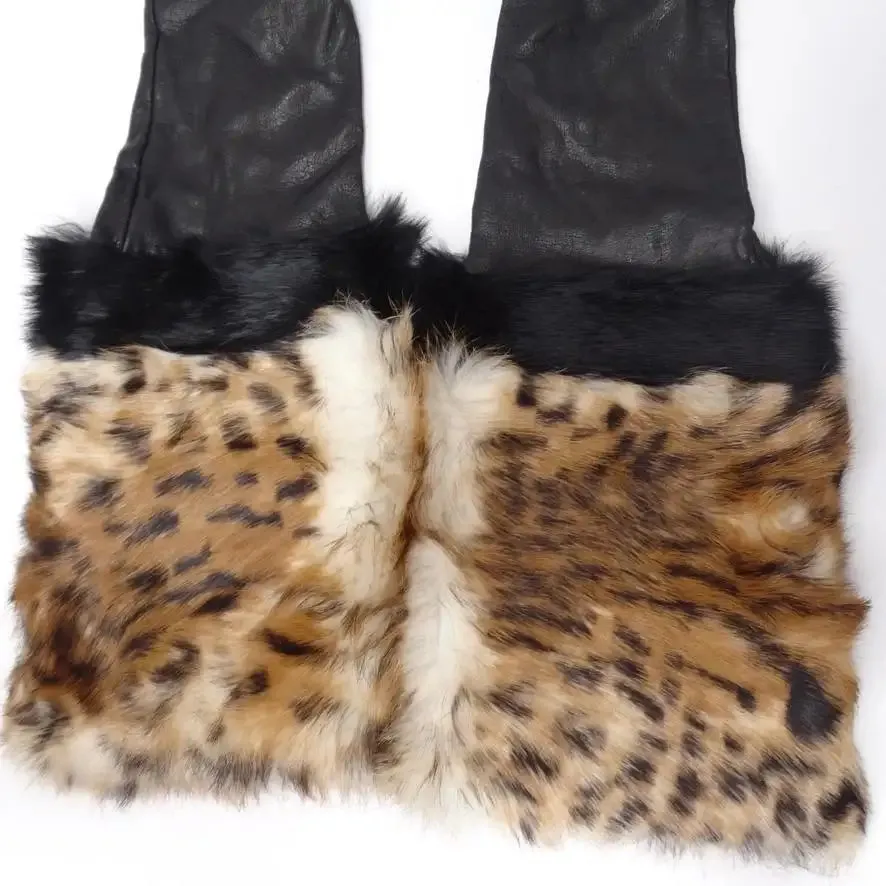 Neiman Marcus Black Leather Leopard Fur Gloves