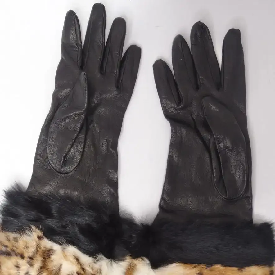 Neiman Marcus Black Leather Leopard Fur Gloves