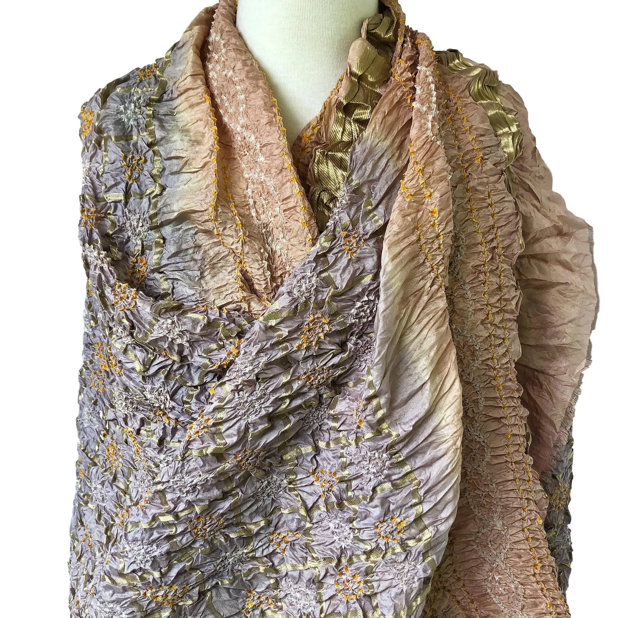 Oversize Silk Bandhani Scarf - Silver and Gold with Border