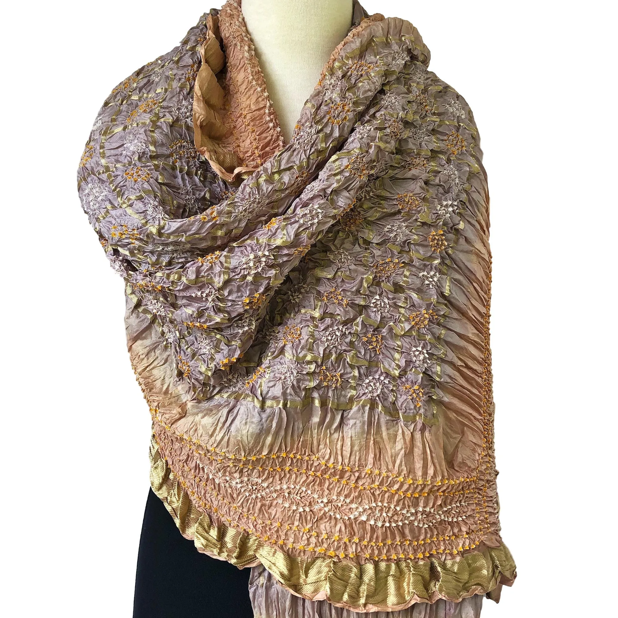 Oversize Silk Bandhani Scarf - Silver and Gold with Border