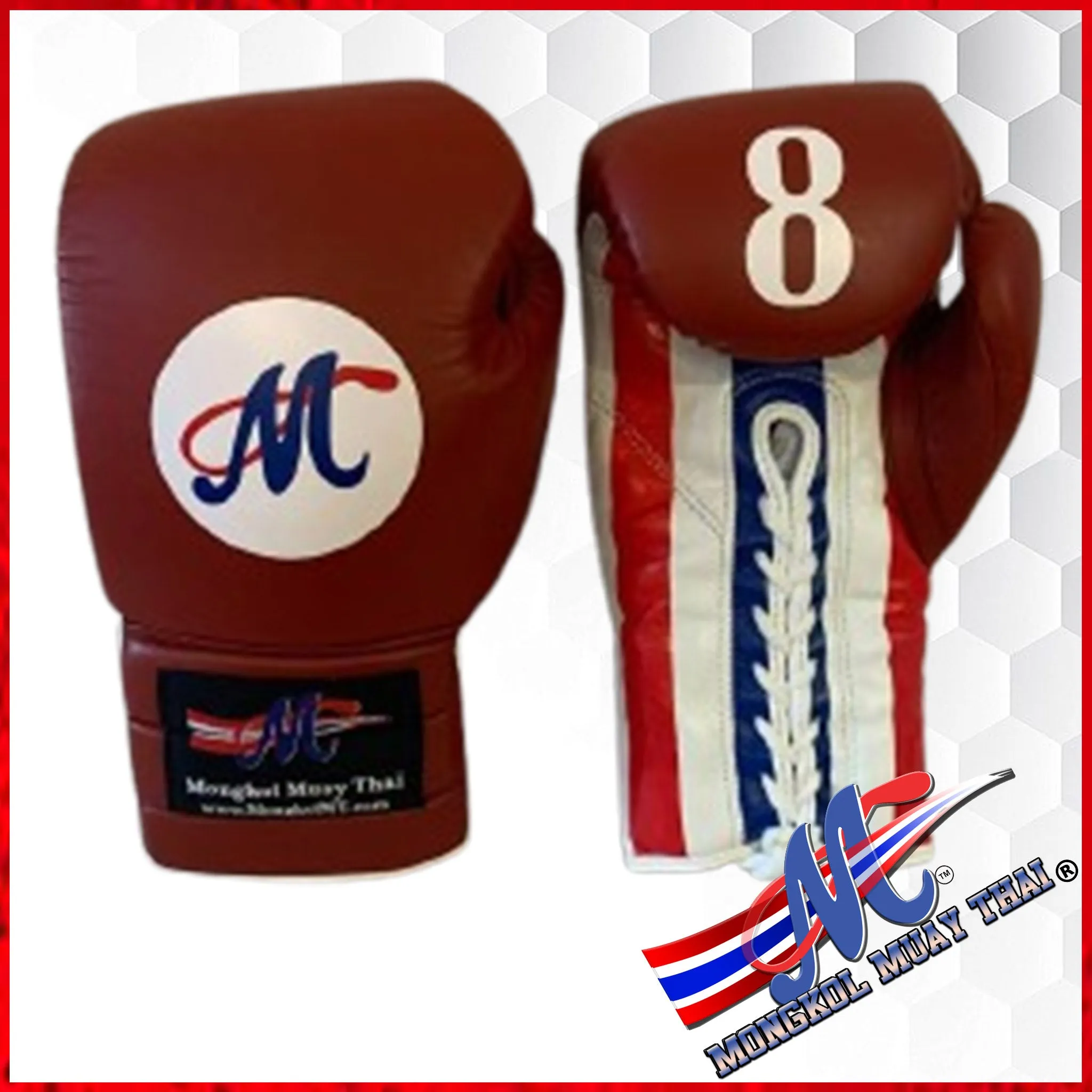 Red burgundy - Thai Flag lace up gloves 12.oz