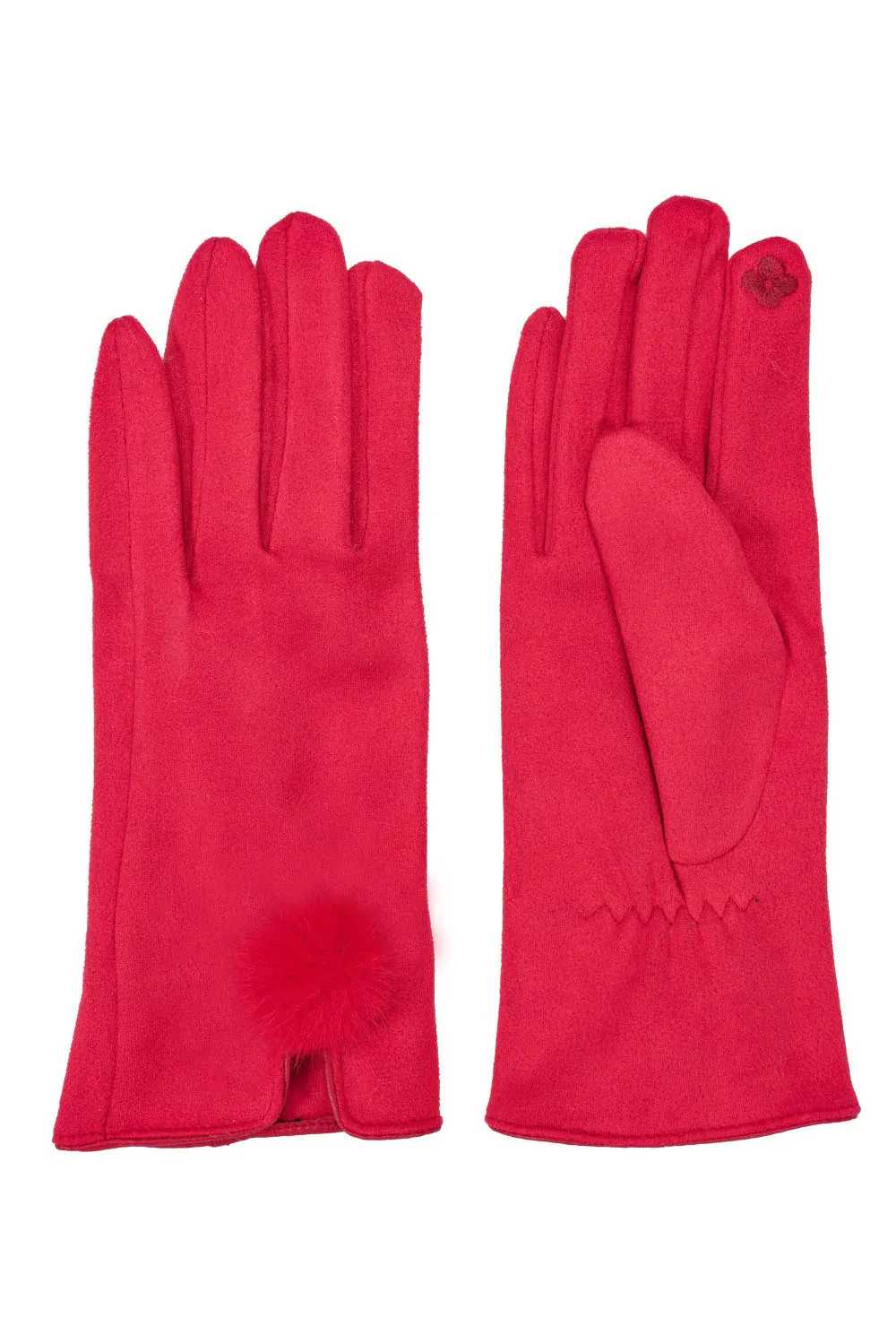 Red Faux Suede Gloves With Faux Fur Pom