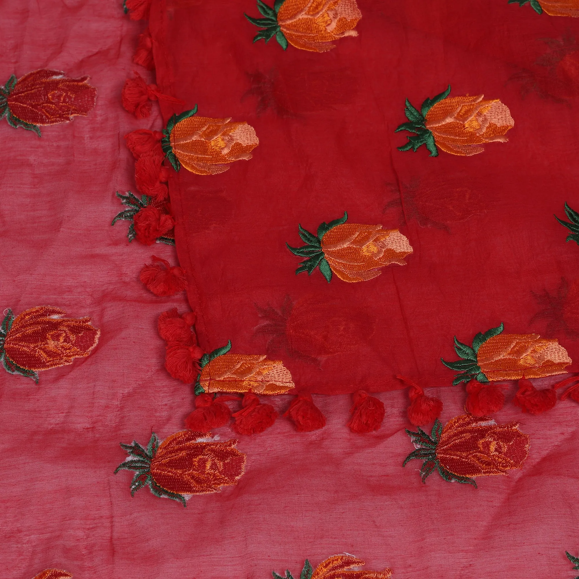 Red-Orange Color Embroidered Pure Chanderi Stole