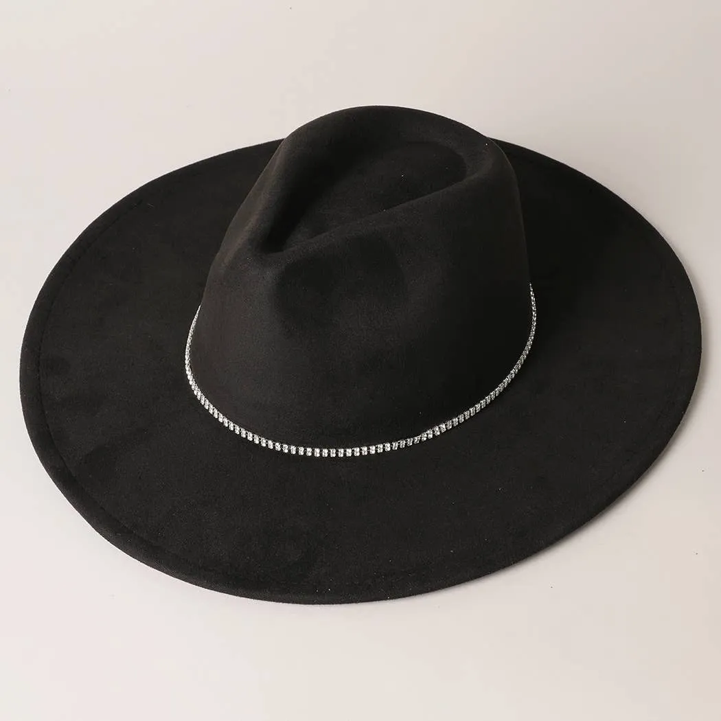 Rhinestone Wide Flat Brim Suede Fedora Hat