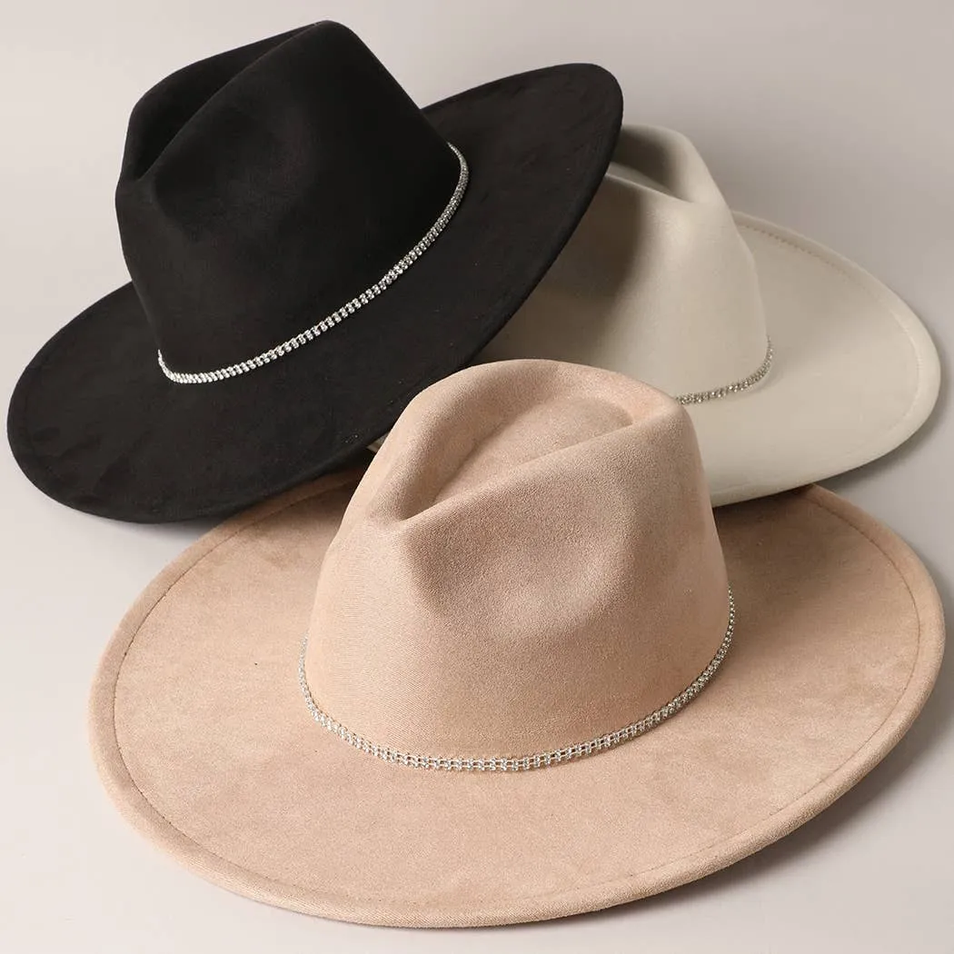 Rhinestone Wide Flat Brim Suede Fedora Hat