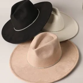 Rhinestone Wide Flat Brim Suede Fedora Hat