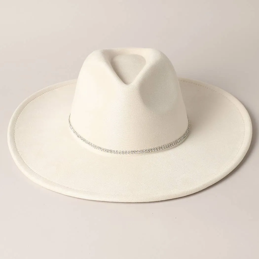 Rhinestone Wide Flat Brim Suede Fedora Hat