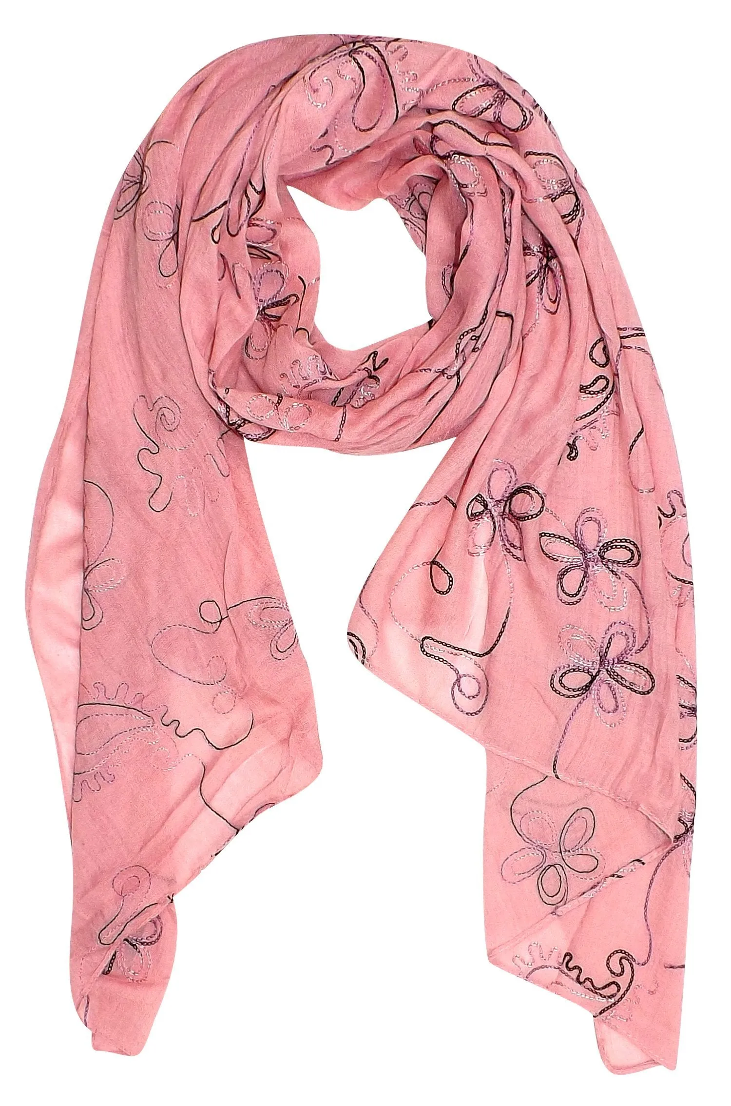 Rose Pink Summer Fashion Blossom Embroidered Sheer Floral Scarf Wrap Shawl