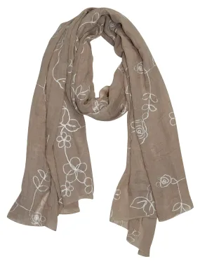 Rose Taupe Peach Couture Sheer Soft Cloth Floral Embroidered Flower Summer Shawl Scarf Wrap