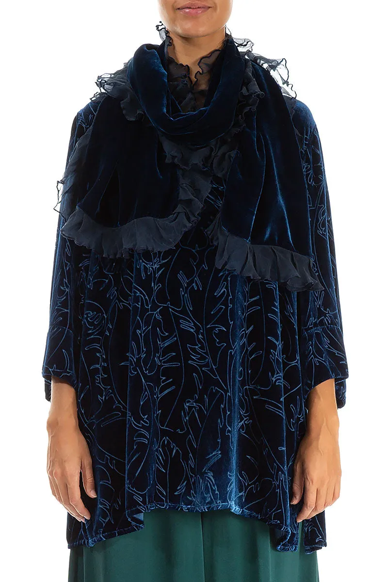 Ruffled Azure Silk Velvet Scarf