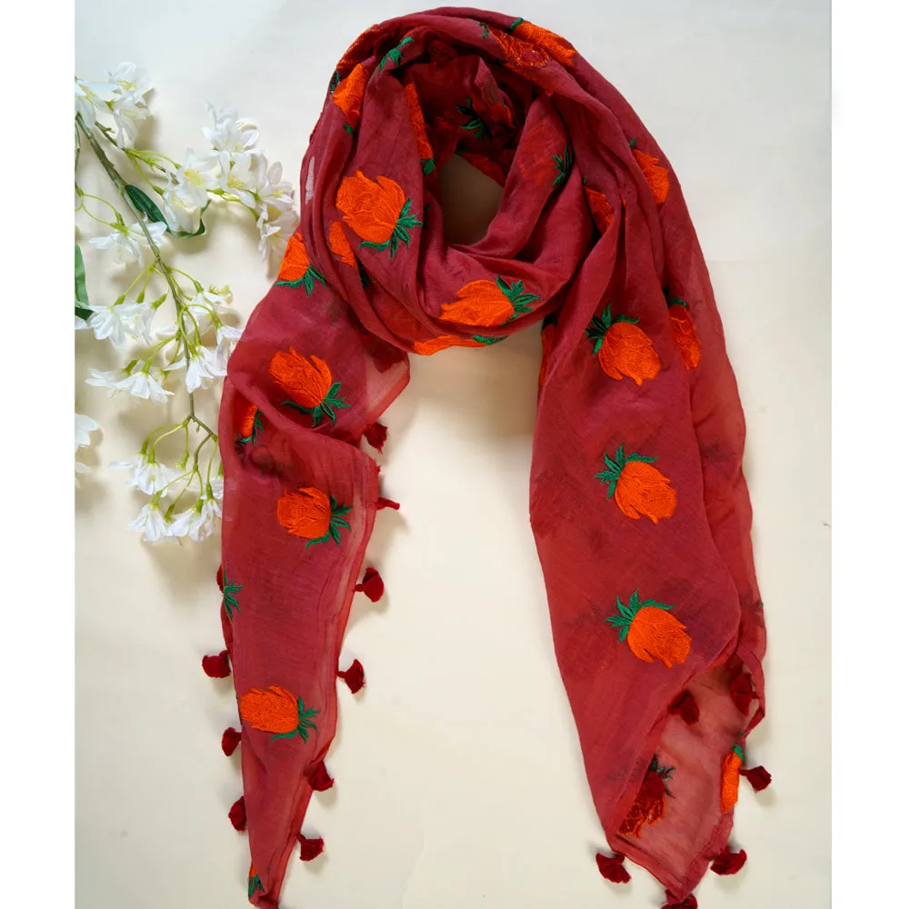 Rust Color Embroidered Chanderi Scarves