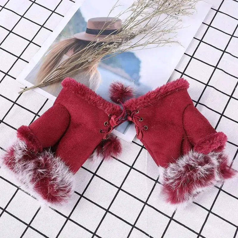 Sexy Faux Rabbit Fur Warm Wrist Fingerless Suede Winter Warmer Christmas Glove