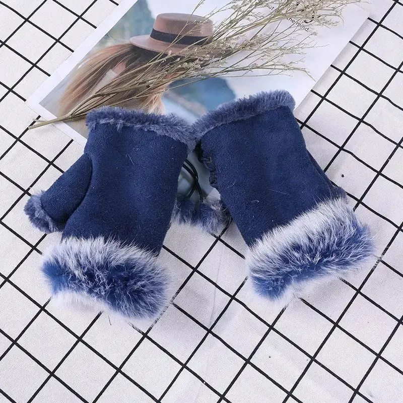 Sexy Faux Rabbit Fur Warm Wrist Fingerless Suede Winter Warmer Christmas Glove