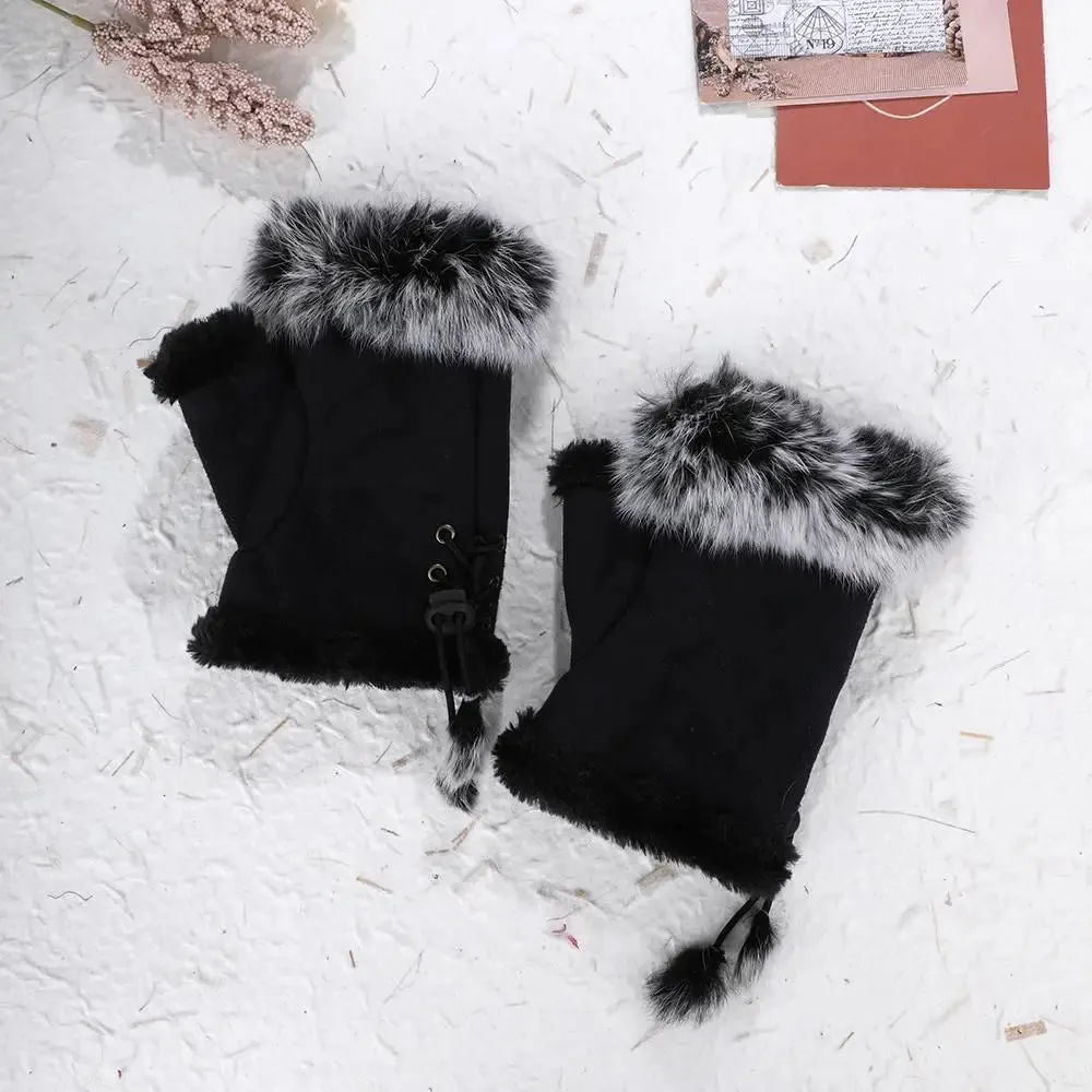 Sexy Faux Rabbit Fur Warm Wrist Fingerless Suede Winter Warmer Christmas Glove