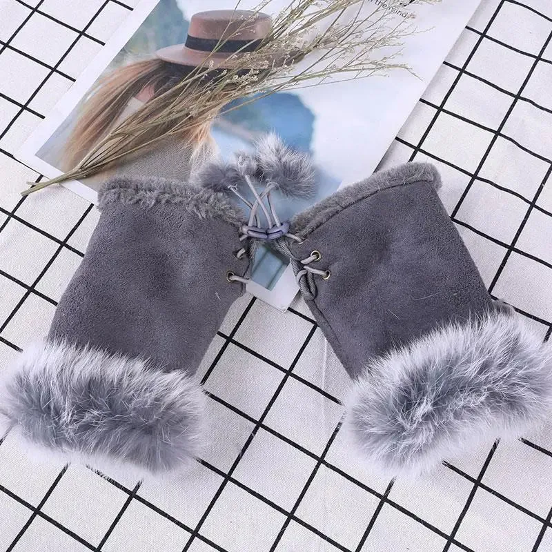 Sexy Faux Rabbit Fur Warm Wrist Fingerless Suede Winter Warmer Christmas Glove