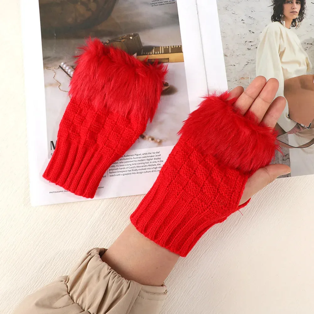 Sexy Faux Rabbit Fur Warm Wrist Fingerless Suede Winter Warmer Christmas Glove