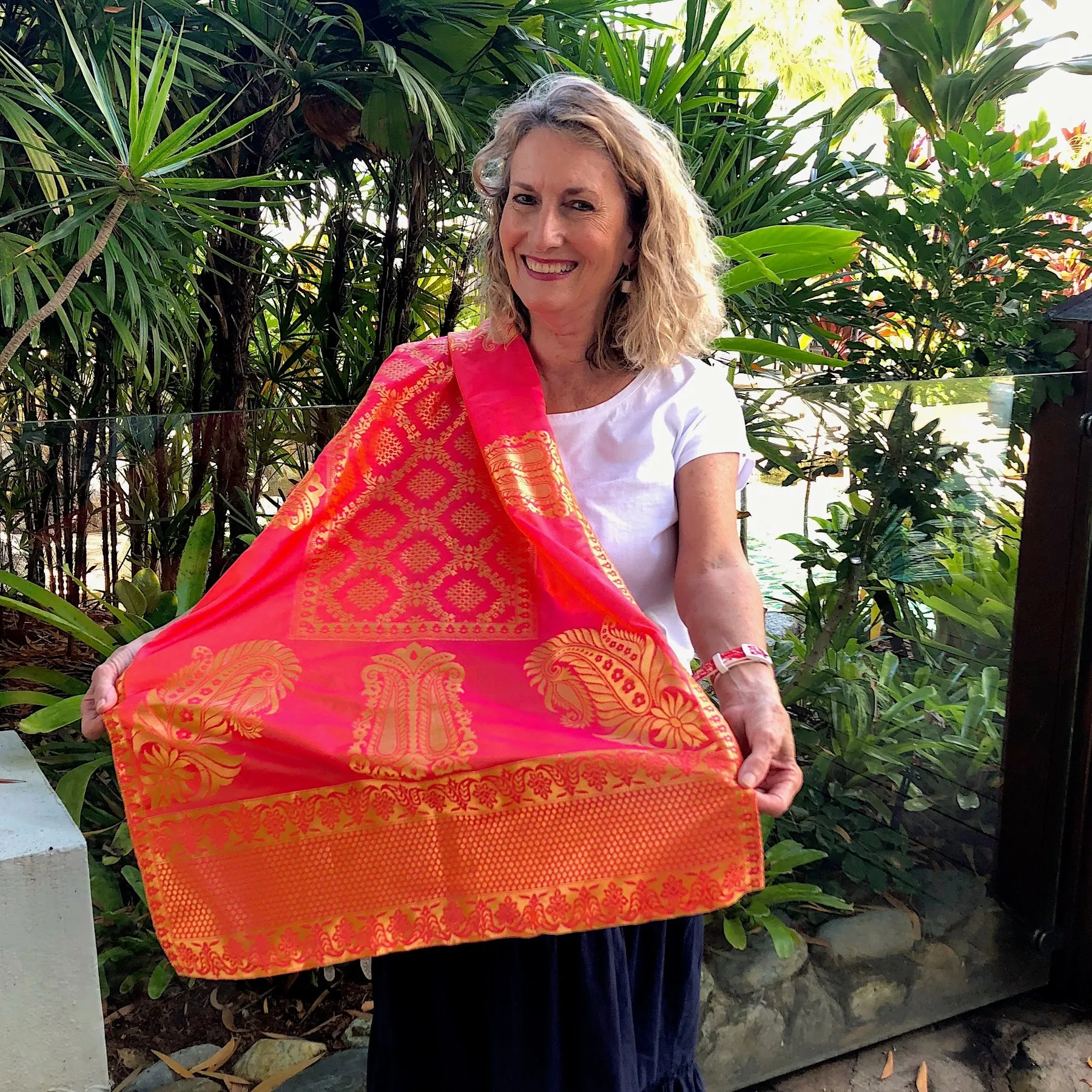 Silk Brocade Shawl - orange, gold and pink