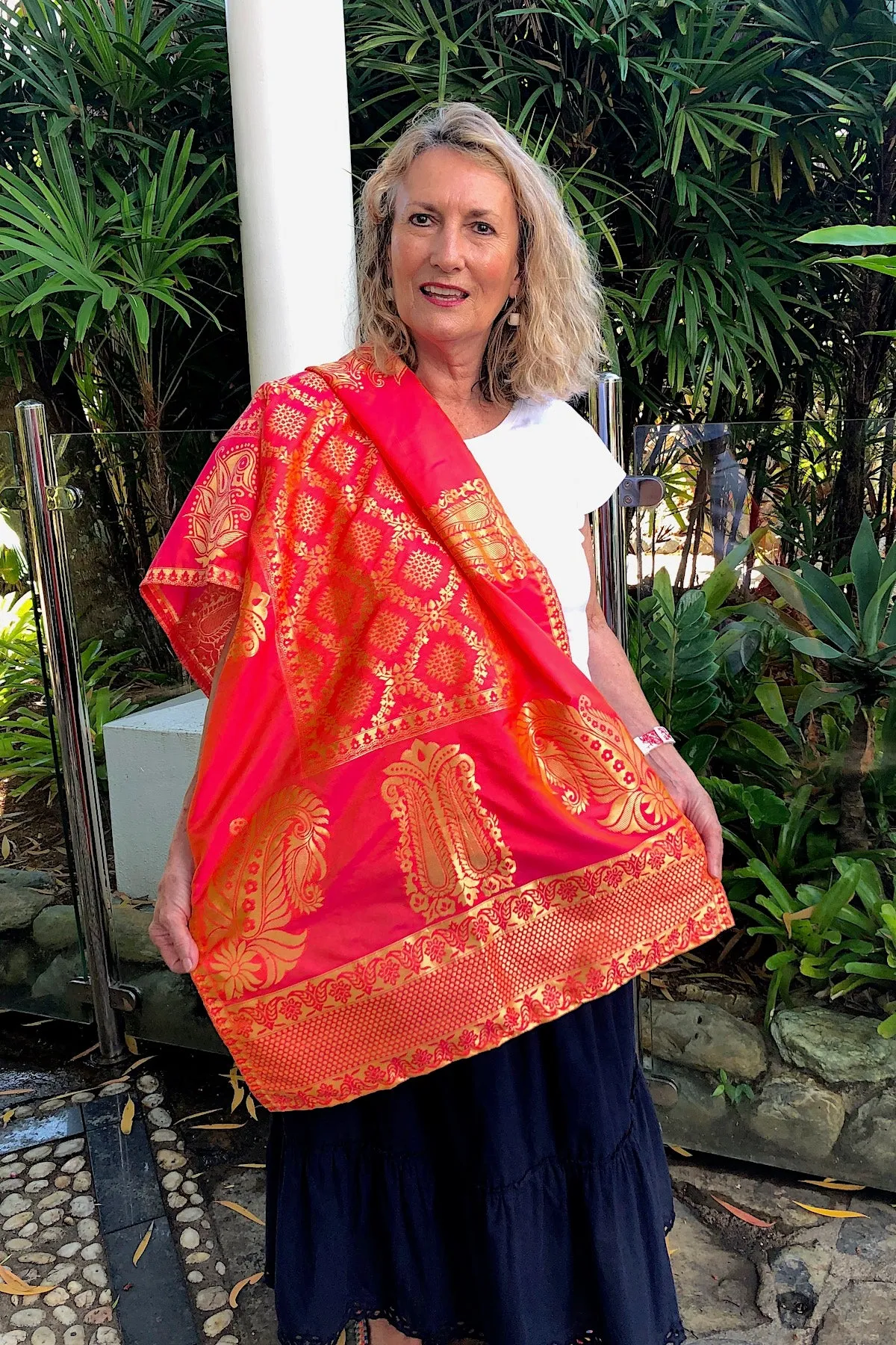 Silk Brocade Shawl - orange, gold and pink