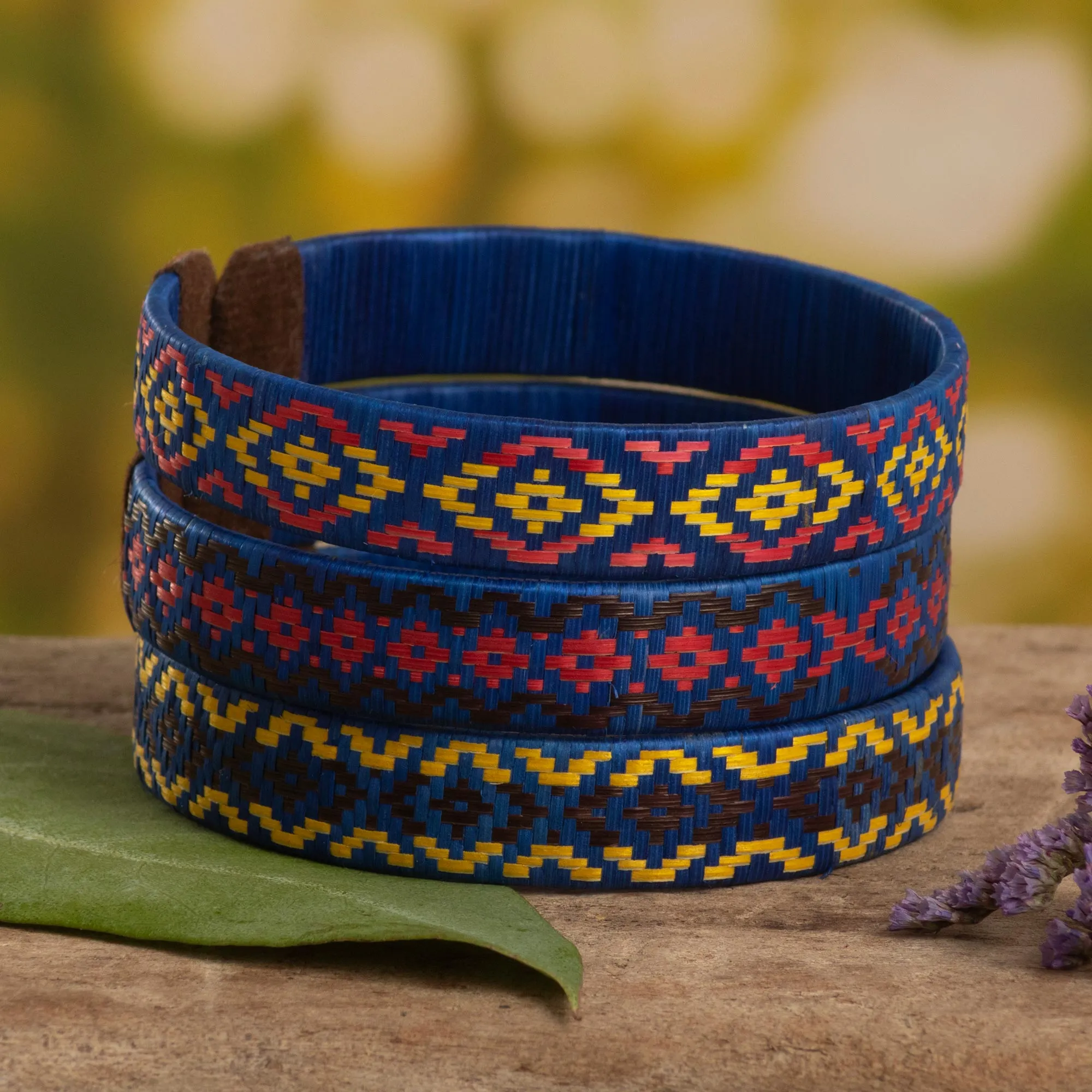 Three Blue Cuff Bracelets Woven with Colombian Cane Fiber - Blue Colombian Geometry | NOVICA