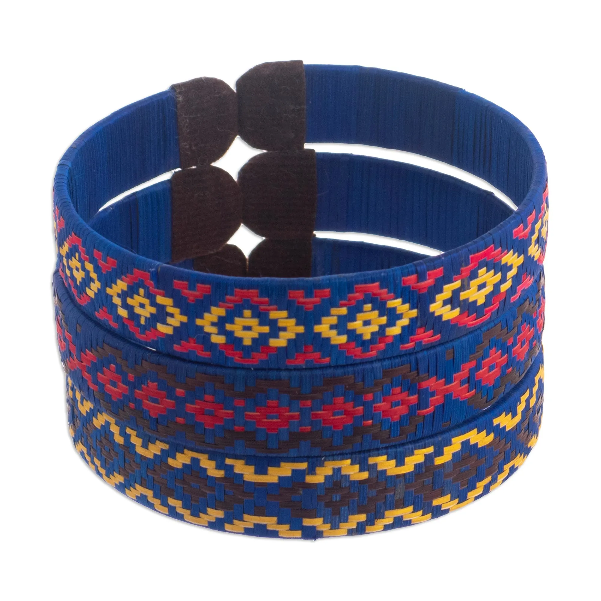 Three Blue Cuff Bracelets Woven with Colombian Cane Fiber - Blue Colombian Geometry | NOVICA