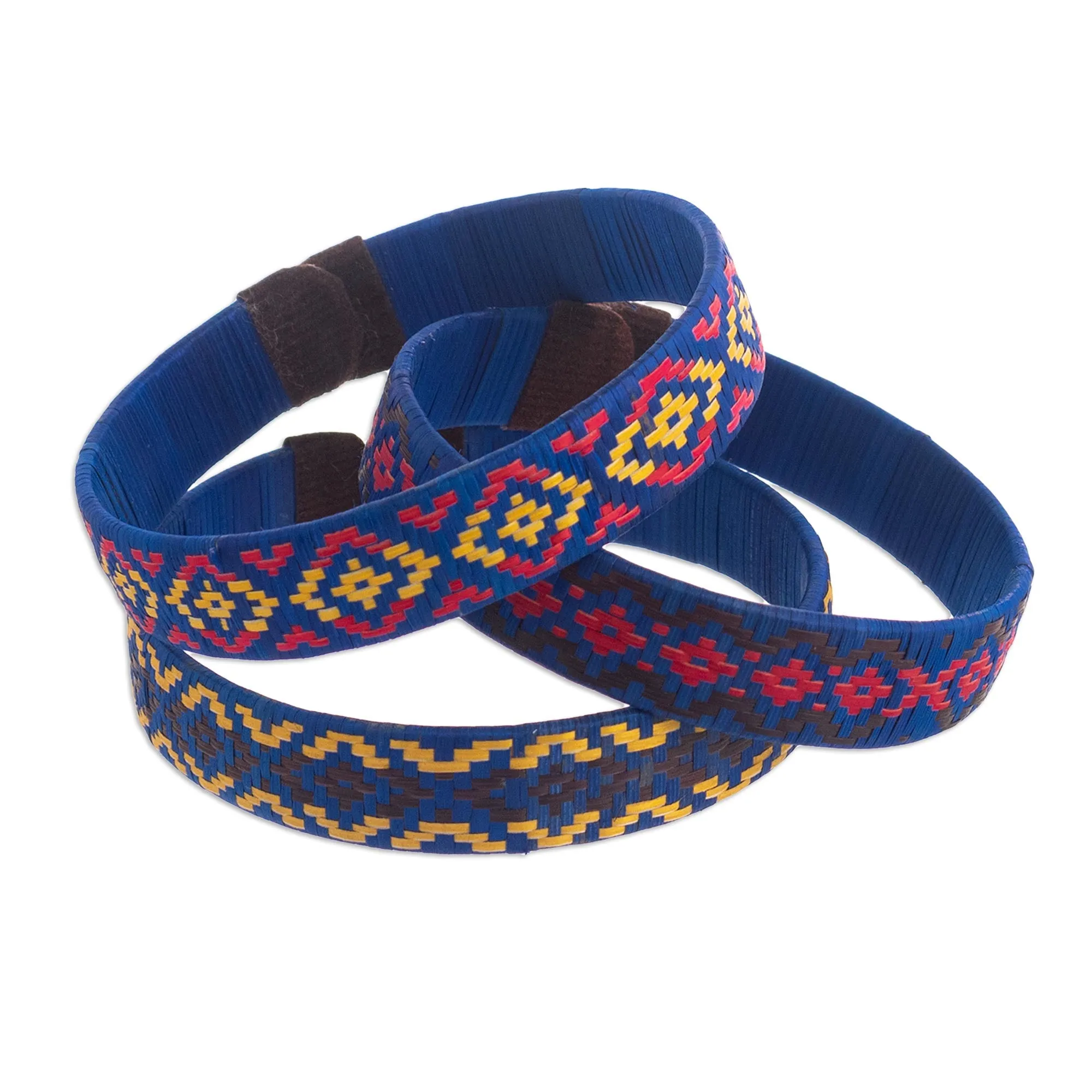 Three Blue Cuff Bracelets Woven with Colombian Cane Fiber - Blue Colombian Geometry | NOVICA