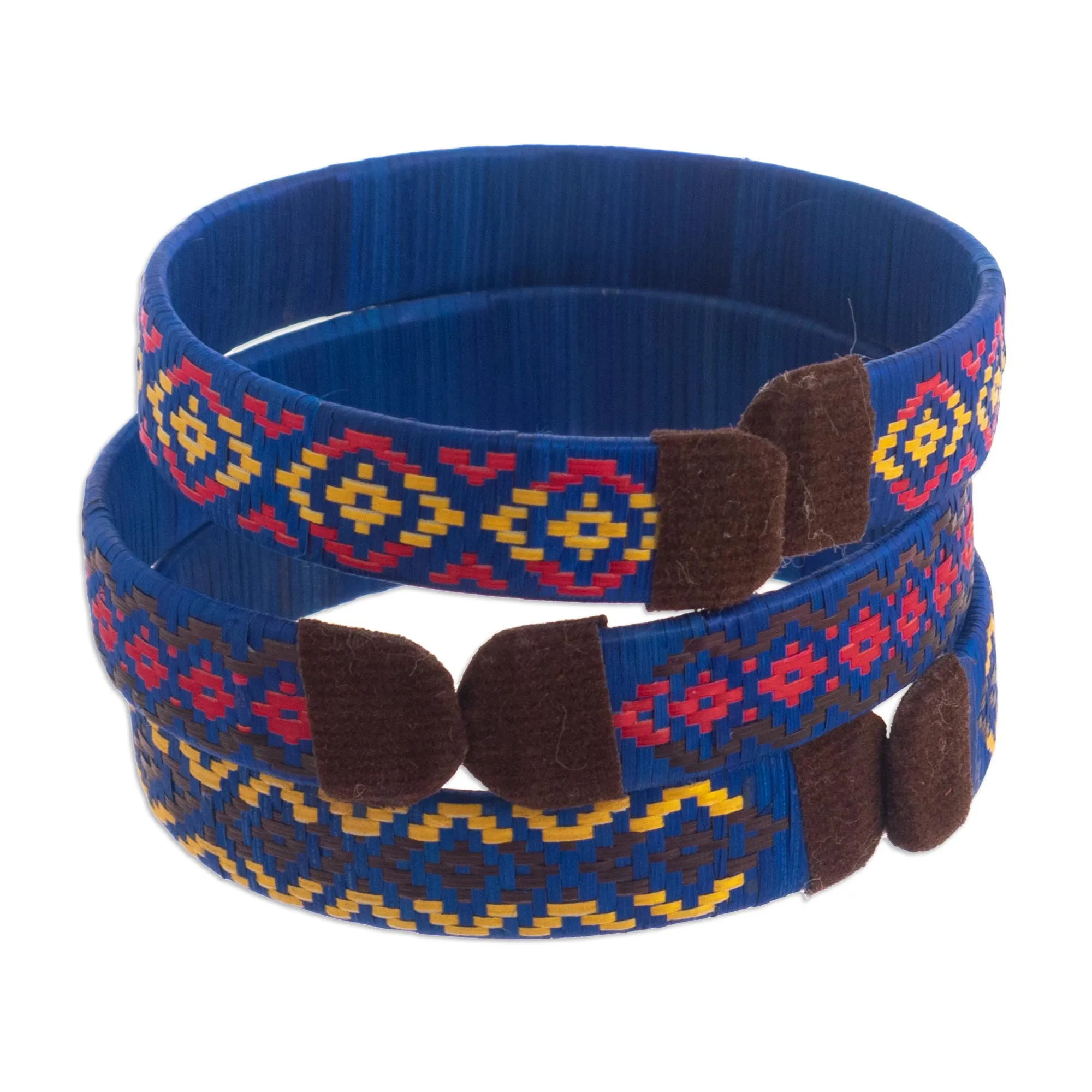 Three Blue Cuff Bracelets Woven with Colombian Cane Fiber - Blue Colombian Geometry | NOVICA