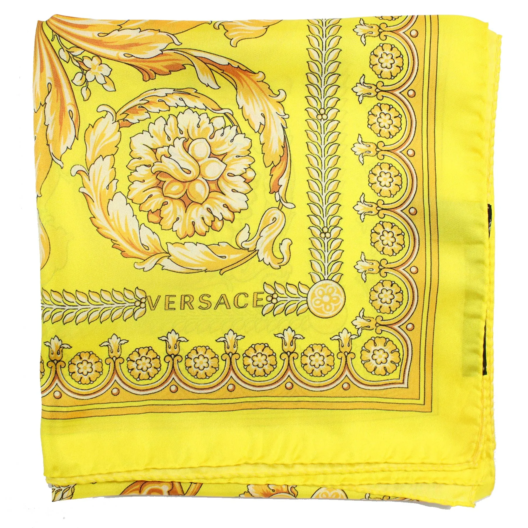 Versace Silk Scarf Yellow Signature Baroque & Skull - Large 36 Inch Square Scarf