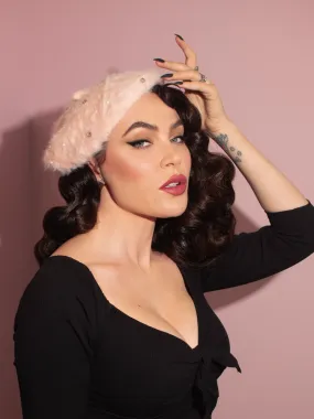 Vintage-Style Beret with Rhinestones in Petal Pink