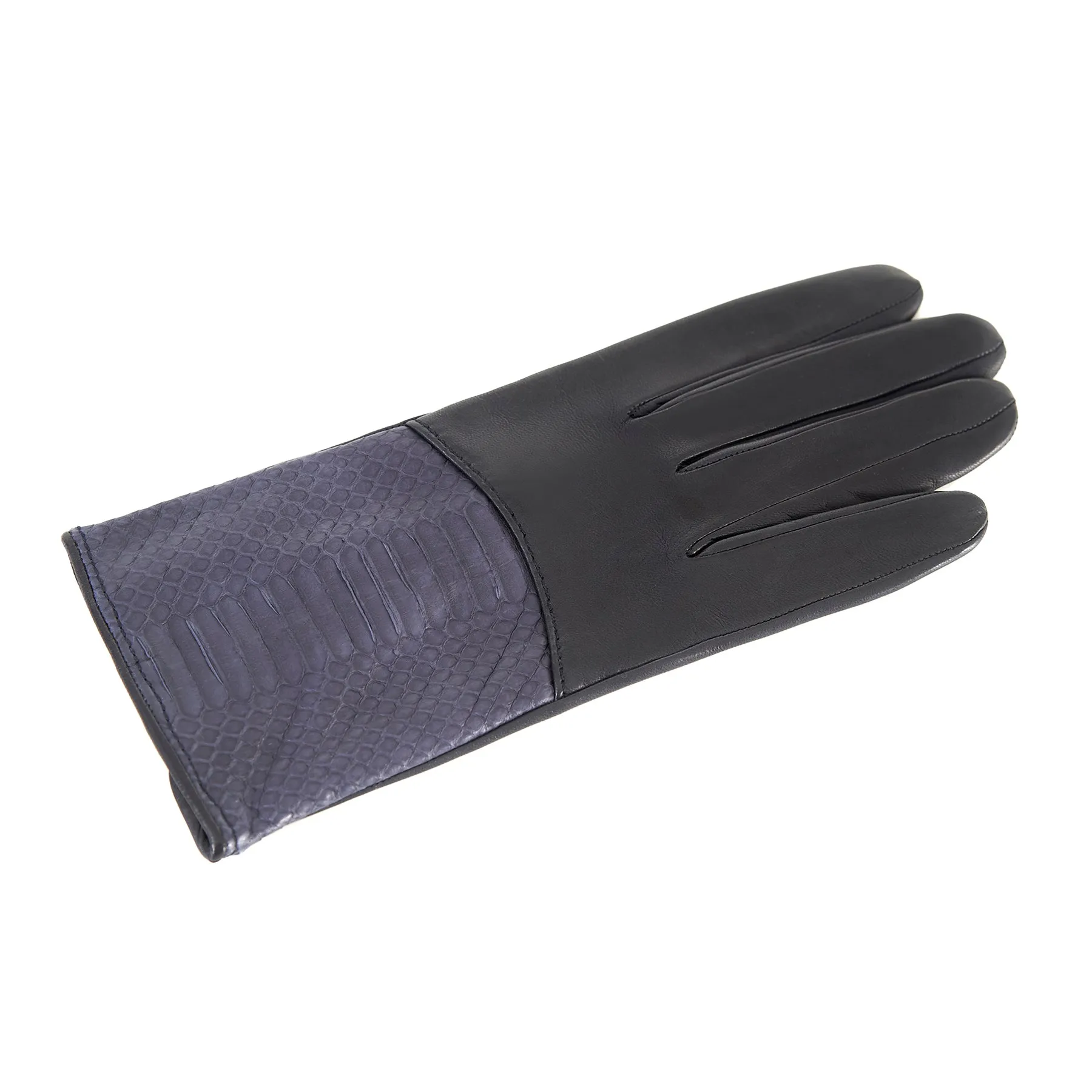 Women's deep grey nappa leather gloves with water reptile top silk lined