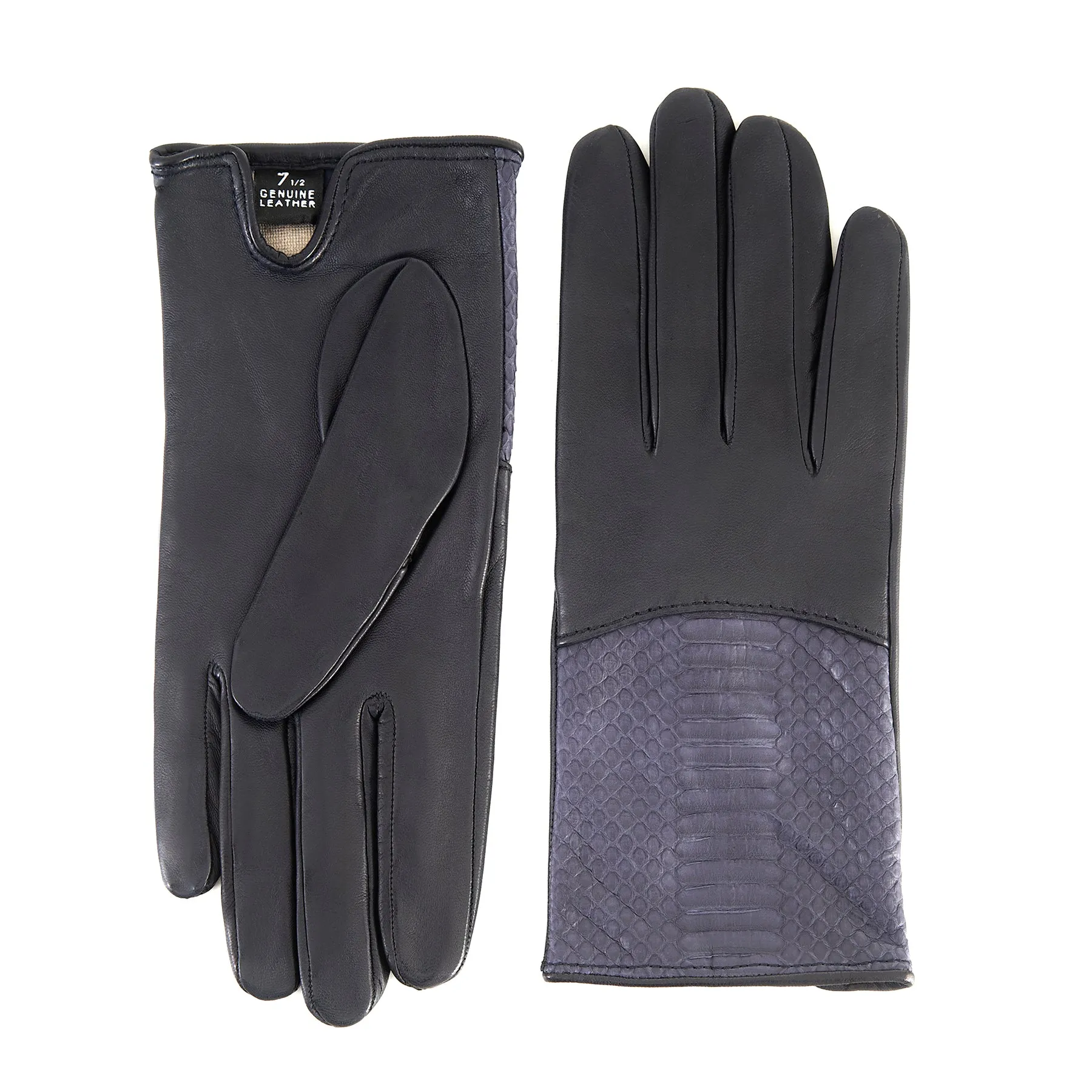 Women's deep grey nappa leather gloves with water reptile top silk lined