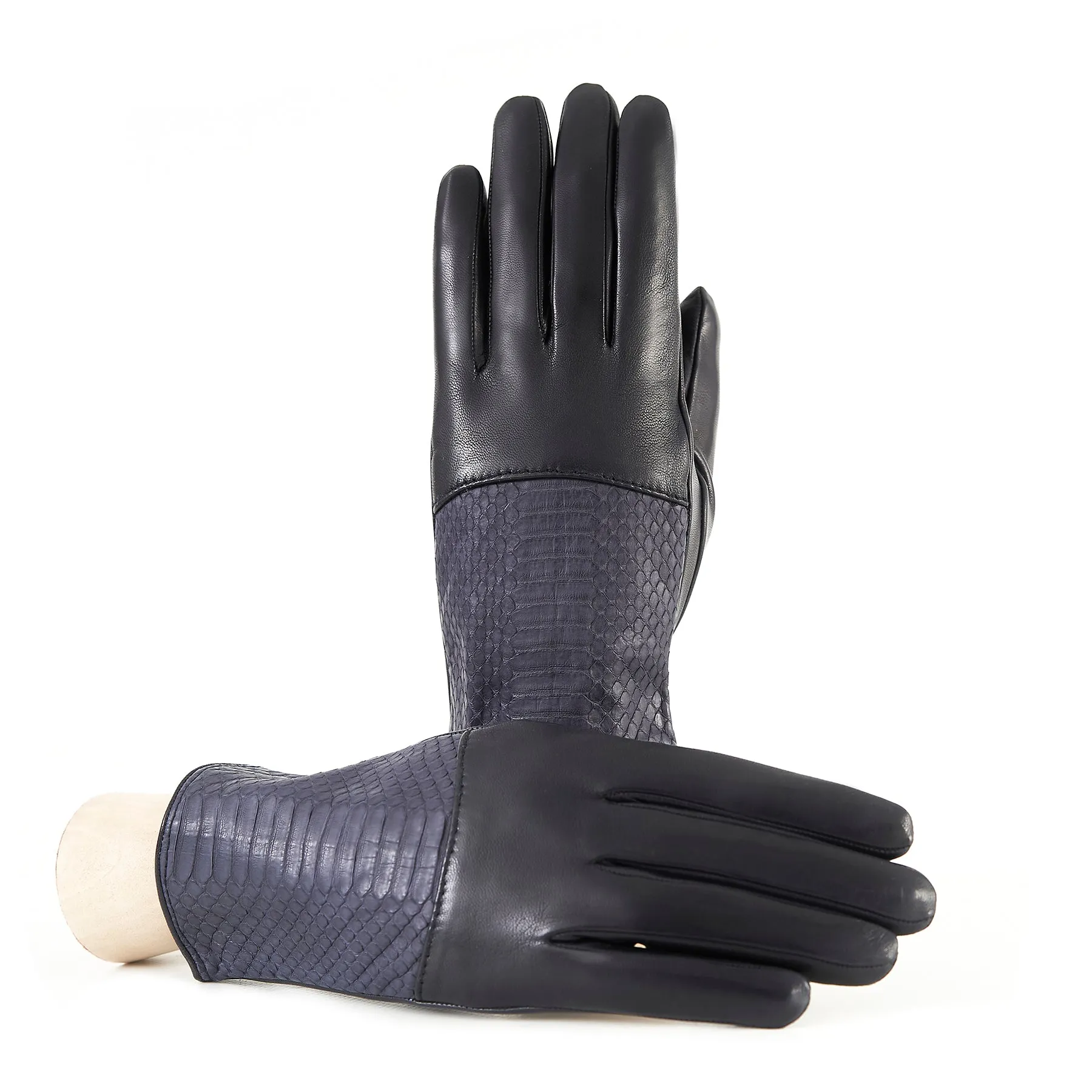 Women's deep grey nappa leather gloves with water reptile top silk lined