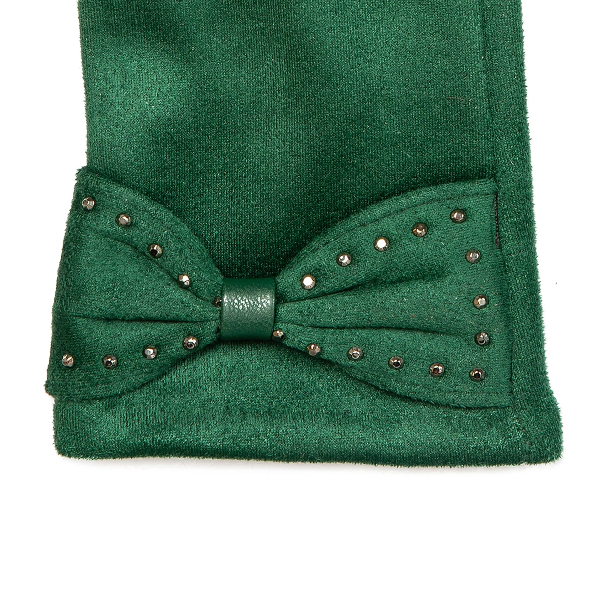 Women’s Touchscreen Velour-Lined Faux Suede Gloves with Studded Bow