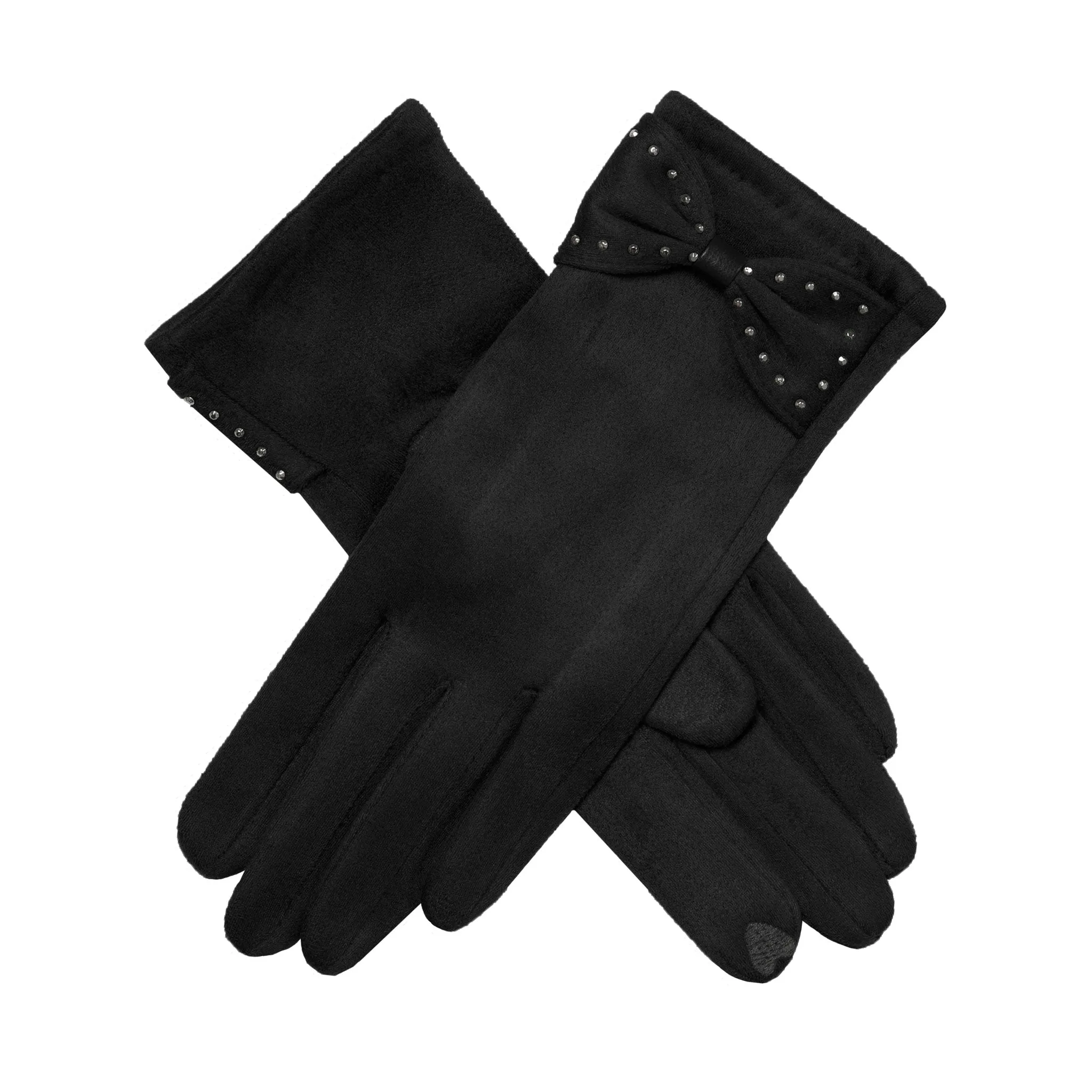 Women’s Touchscreen Velour-Lined Faux Suede Gloves with Studded Bow