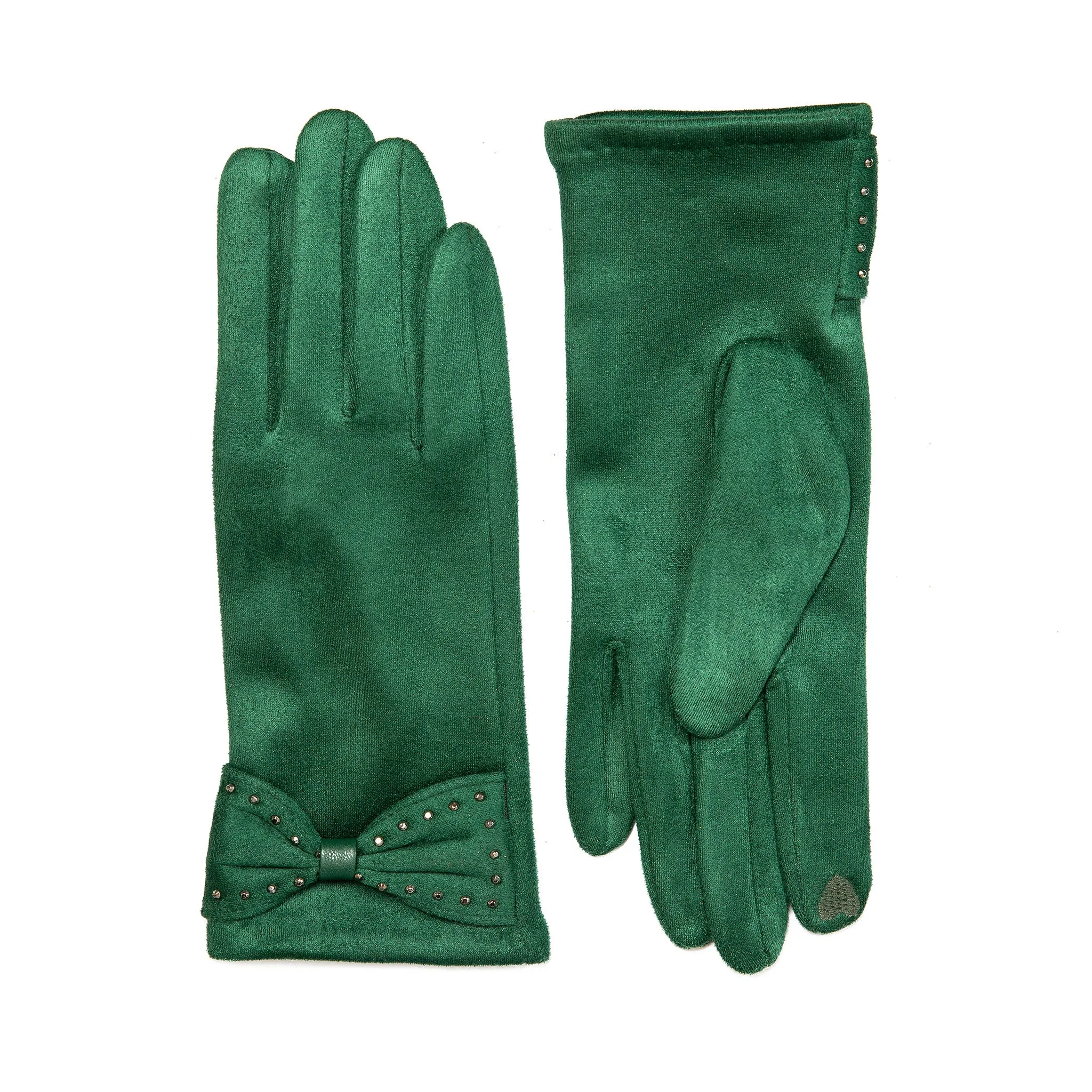 Women’s Touchscreen Velour-Lined Faux Suede Gloves with Studded Bow