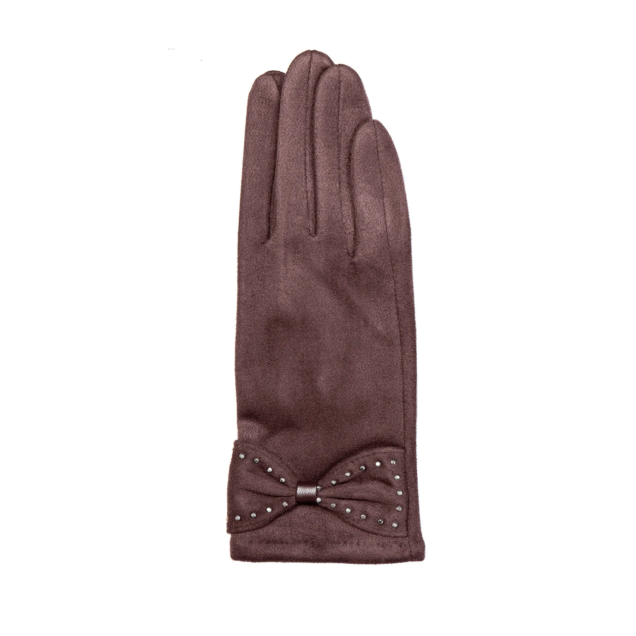 Women’s Touchscreen Velour-Lined Faux Suede Gloves with Studded Bow