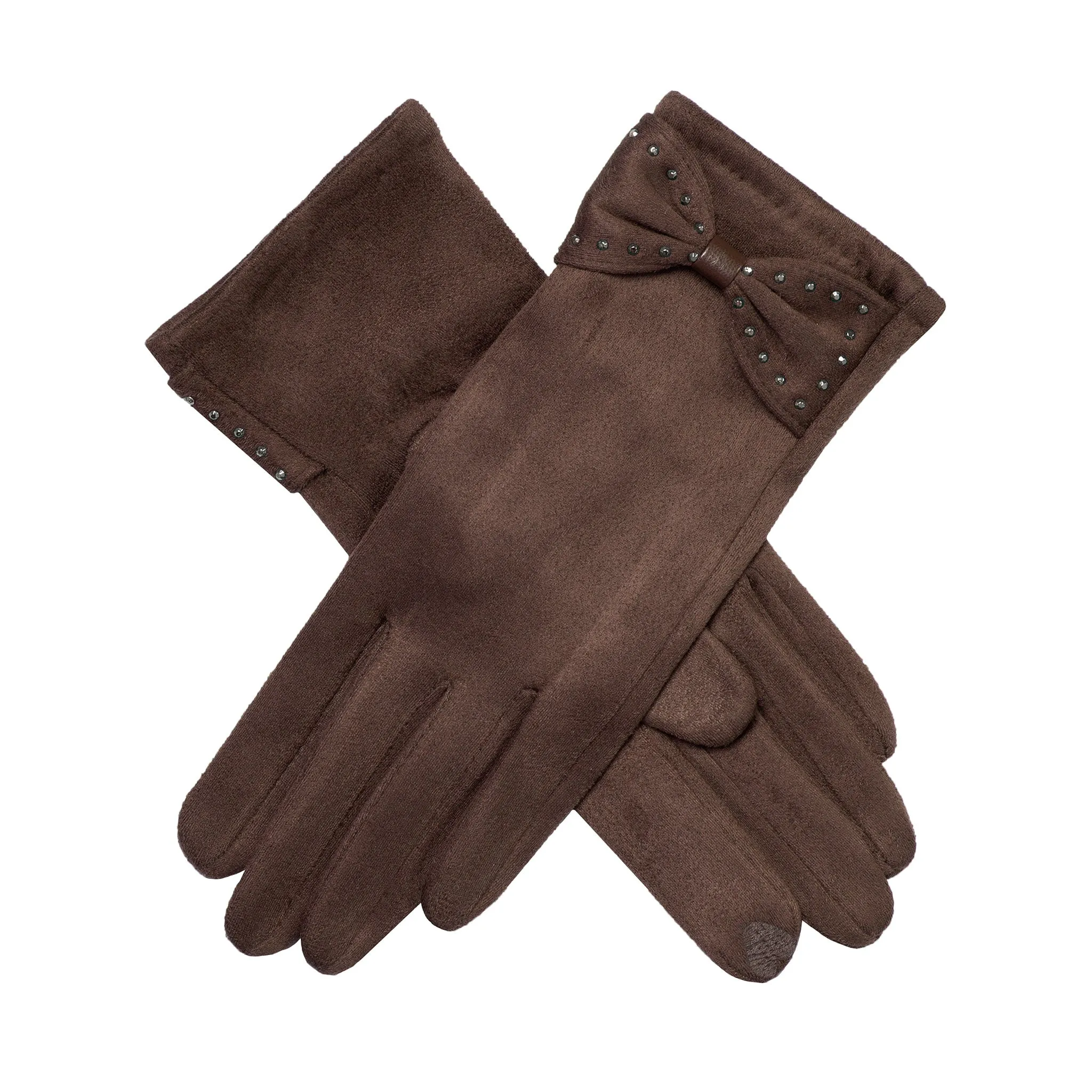 Women’s Touchscreen Velour-Lined Faux Suede Gloves with Studded Bow