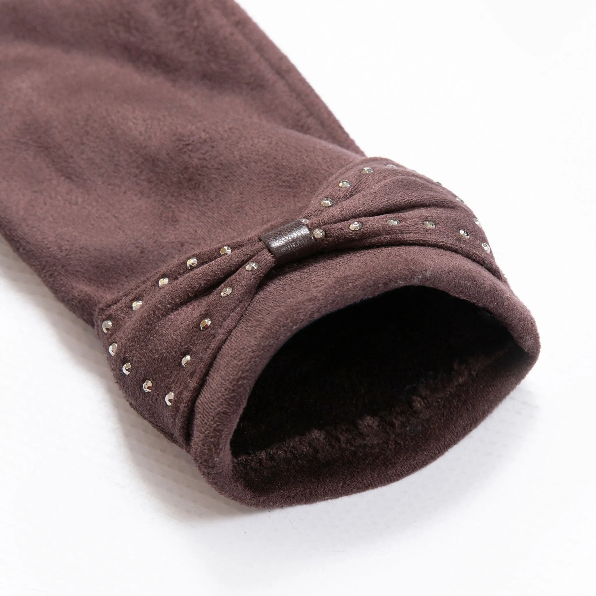 Women’s Touchscreen Velour-Lined Faux Suede Gloves with Studded Bow