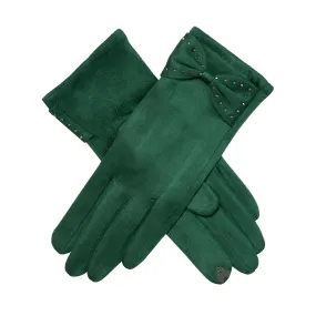 Women’s Touchscreen Velour-Lined Faux Suede Gloves with Studded Bow