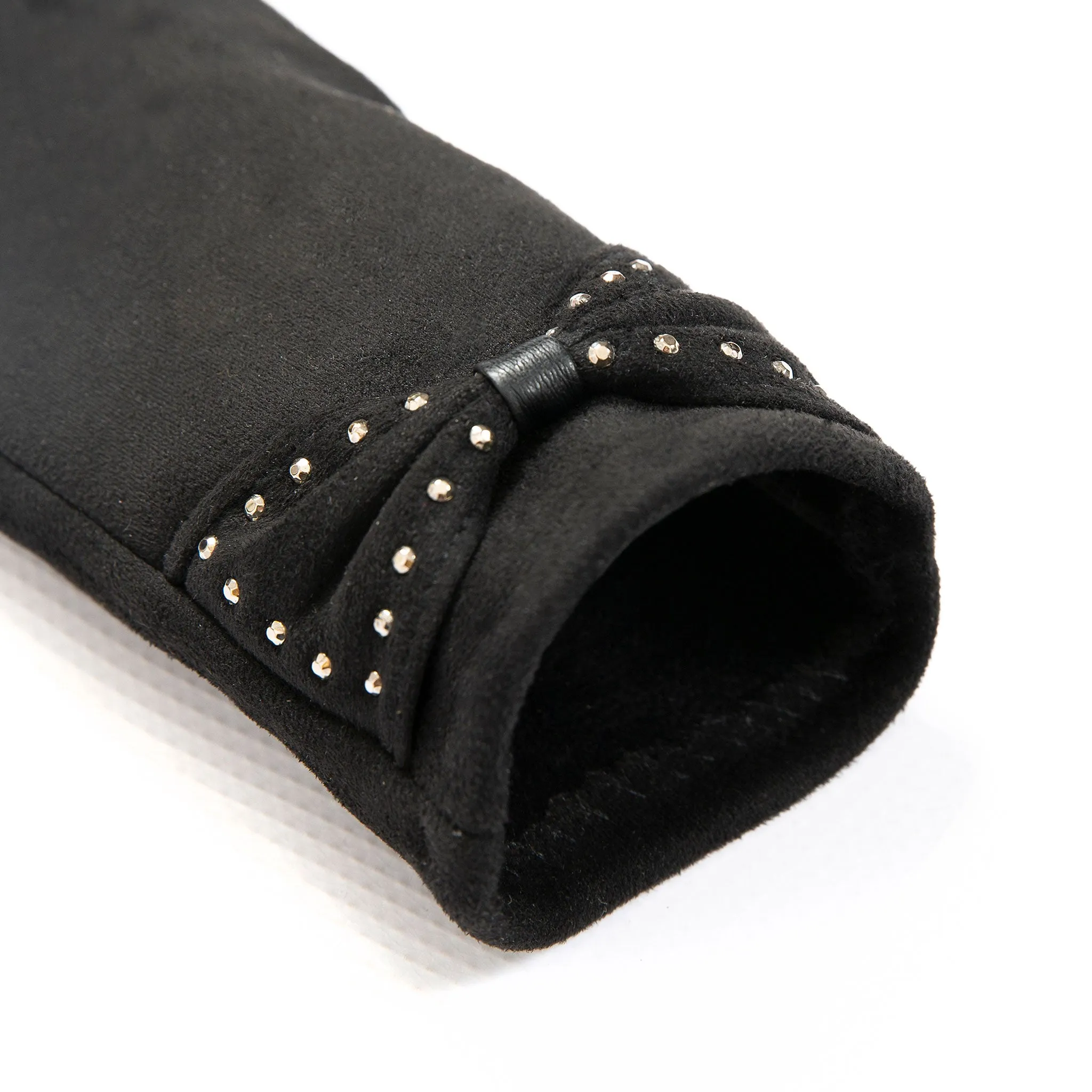 Women’s Touchscreen Velour-Lined Faux Suede Gloves with Studded Bow