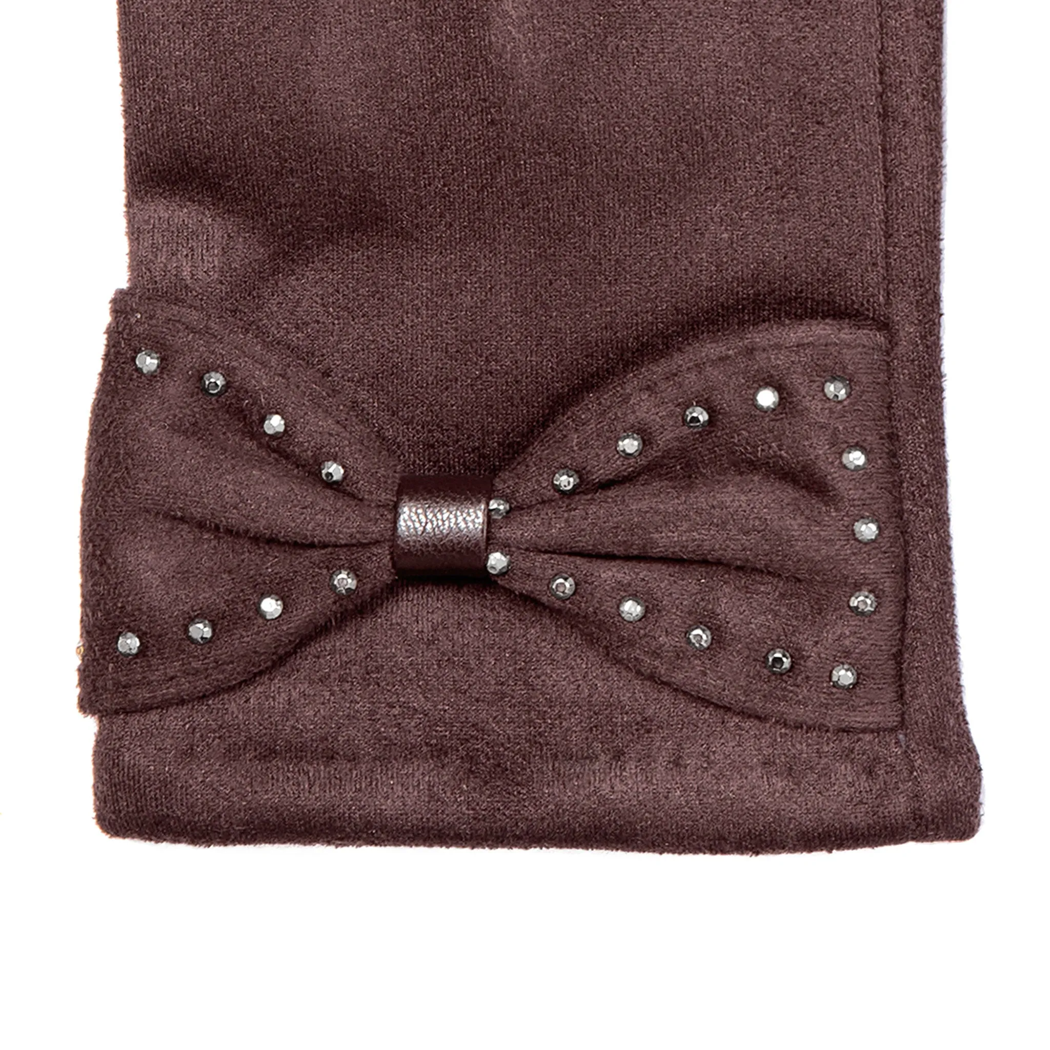 Women’s Touchscreen Velour-Lined Faux Suede Gloves with Studded Bow